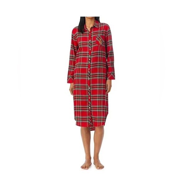 Ralph Lauren RED TARTAN PLAID Flannel MAXI Sleepshirt Nightgown POCKETS - Picture 1 of 8